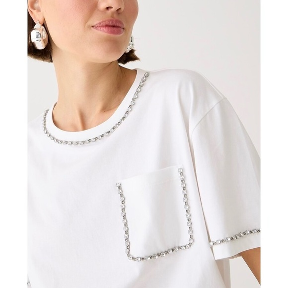 J.Crew Cropped Crystal embellished pocket T-shirt Size Large - Picture 1 of 6